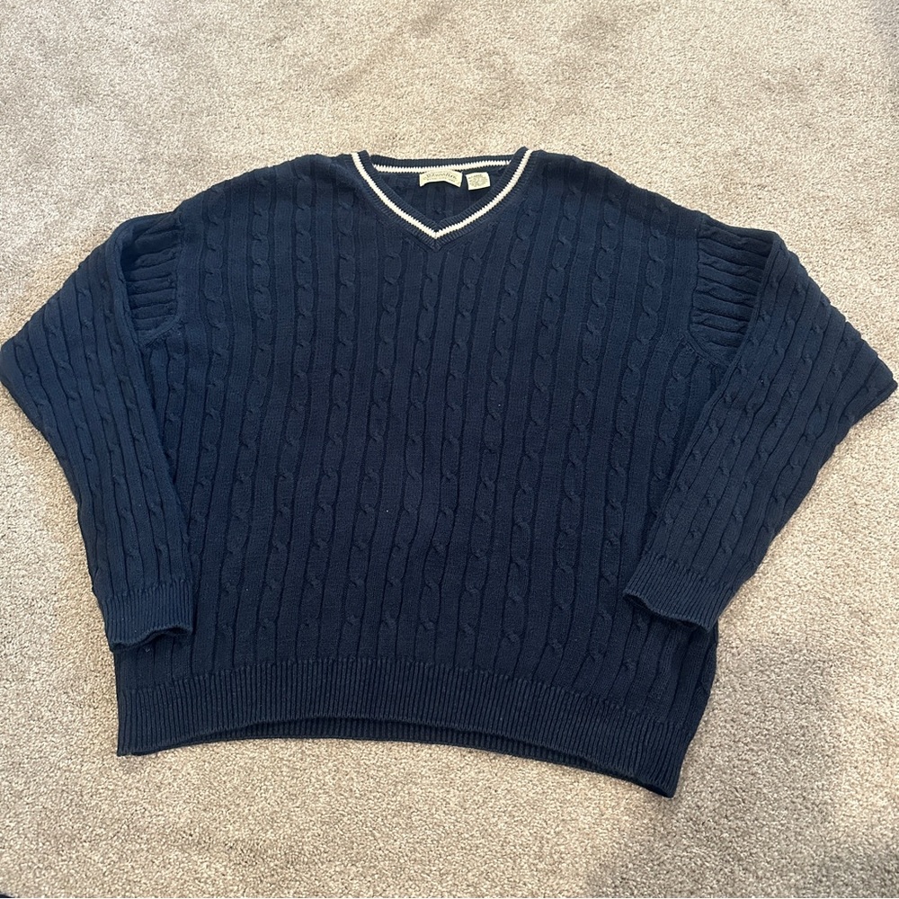Vintage 90s St Johns Bay Men’s Navy Cable Knit Pullover V-Neck Classic Sweater L